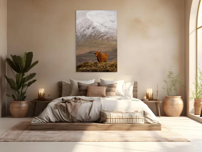 Tablou Canvas, "Văile munților și boul singuratic", Iubire, Libertate, Sălbăticie, Solitudine, Măreție, Natură, Pășune, Răceală, Liniște, Reflecție, 100 x 150 cm – poza 3