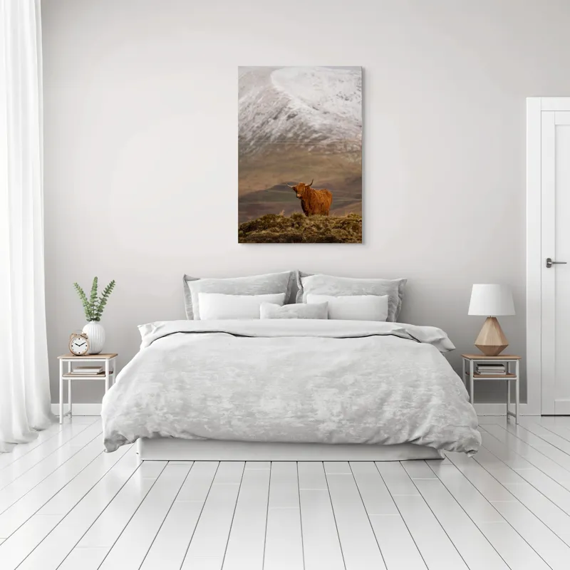 Tablou Canvas, "Văile munților și boul singuratic", Iubire, Libertate, Sălbăticie, Solitudine, Măreție, Natură, Pășune, Răceală, Liniște, Reflecție, 70 x 100 cm – poza 3