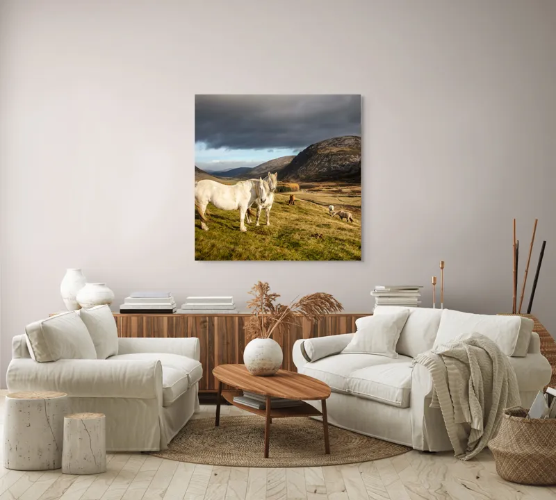 Tablou Canvas, "Cai albi în peisaj montan sălbatic", Nori, Cai, Dealuri, Pajiște, Peisaj, Munți, Natură, Cer, Verdeață, 100 x 100 cm – poza 3