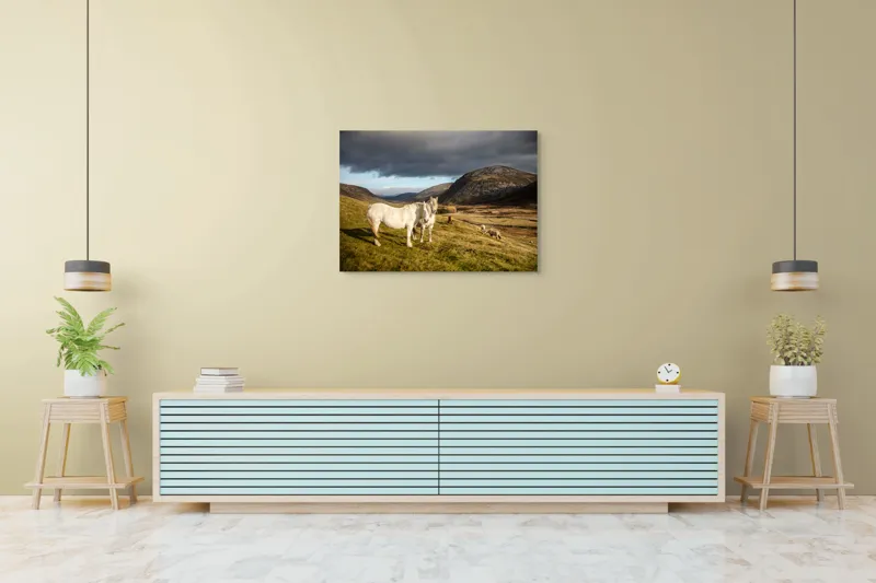 Tablou Canvas, "Cai albi în peisaj montan sălbatic", Nori, Cai, Dealuri, Pajiște, Peisaj, Munți, Natură, Cer, Verdeață, 100 x 70 cm – poza 4