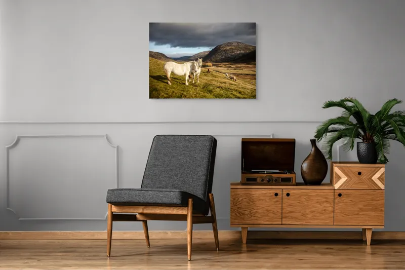 Tablou Canvas, "Cai albi în peisaj montan sălbatic", Nori, Cai, Dealuri, Pajiște, Peisaj, Munți, Natură, Cer, Verdeață, 100 x 70 cm – poza 8