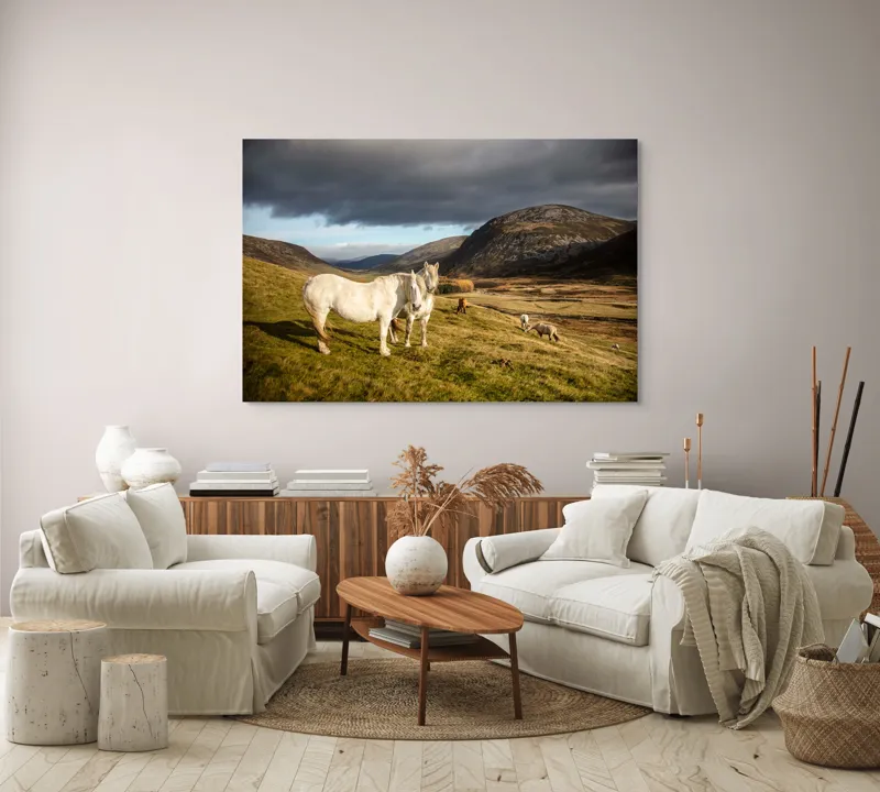Tablou Canvas, "Cai albi în peisaj montan sălbatic", Nori, Cai, Dealuri, Pajiște, Peisaj, Munți, Natură, Cer, Verdeață, 150 x 100 cm – poza 3