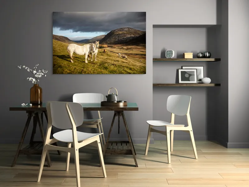 Tablou Canvas, "Cai albi în peisaj montan sălbatic", Nori, Cai, Dealuri, Pajiște, Peisaj, Munți, Natură, Cer, Verdeață, 150 x 100 cm – poza 5