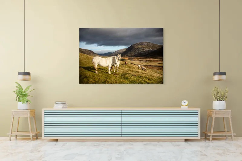 Tablou Canvas, "Cai albi în peisaj montan sălbatic", Nori, Cai, Dealuri, Pajiște, Peisaj, Munți, Natură, Cer, Verdeață, 150 x 100 cm – poza 6