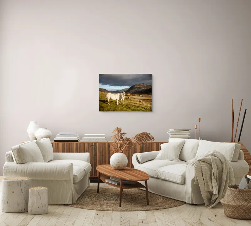 Tablou Canvas, "Cai albi în peisaj montan sălbatic", Nori, Cai, Dealuri, Pajiște, Peisaj, Munți, Natură, Cer, Verdeață, 70 x 50 cm – poza 6