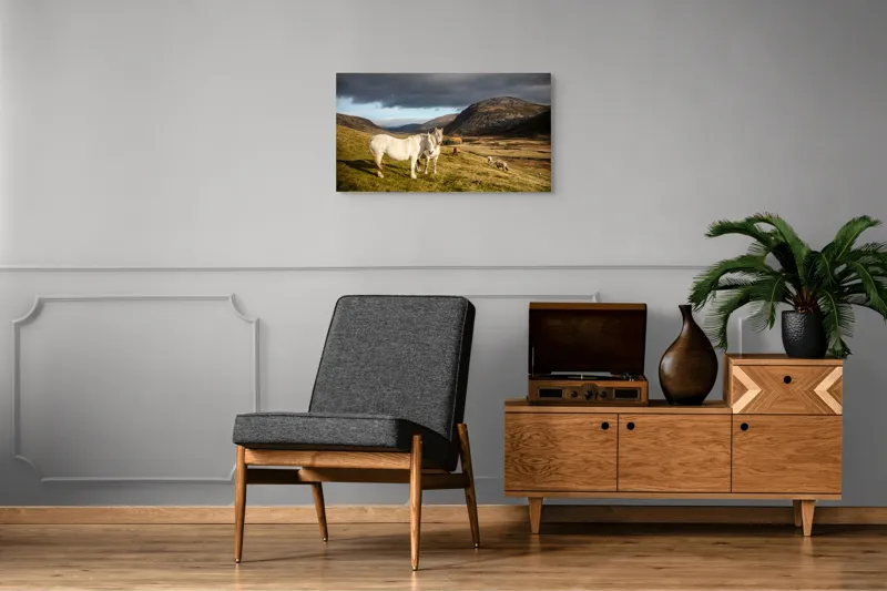 Tablou Canvas, "Cai albi în peisaj montan sălbatic", Nori, Cai, Dealuri, Pajiște, Peisaj, Munți, Natură, Cer, Verdeață, 90 x 50 cm – poza 6