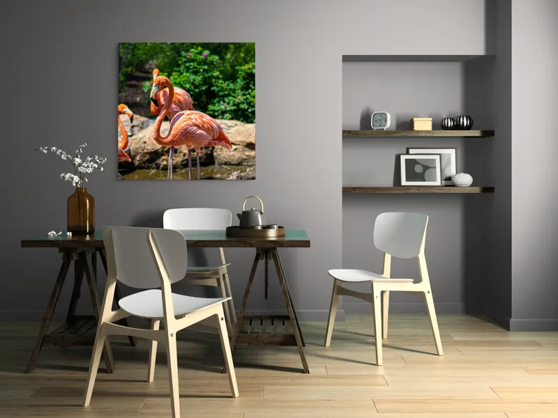 Tablou Canvas, "Grațioasele flamingo în grădină zoologică", Flamingo, Eleganță, Roz, Natură, Grădină, Apă, Pietre, Vegetație, Soare, Aripi, 100 x 100 cm – poza 6