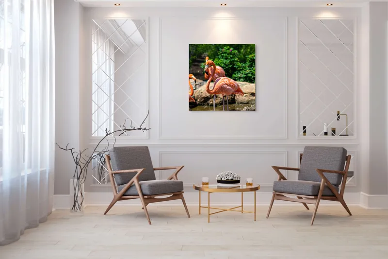 Tablou Canvas, "Grațioasele flamingo în grădină zoologică", Flamingo, Eleganță, Roz, Natură, Grădină, Apă, Pietre, Vegetație, Soare, Aripi, 100 x 100 cm – poza 7