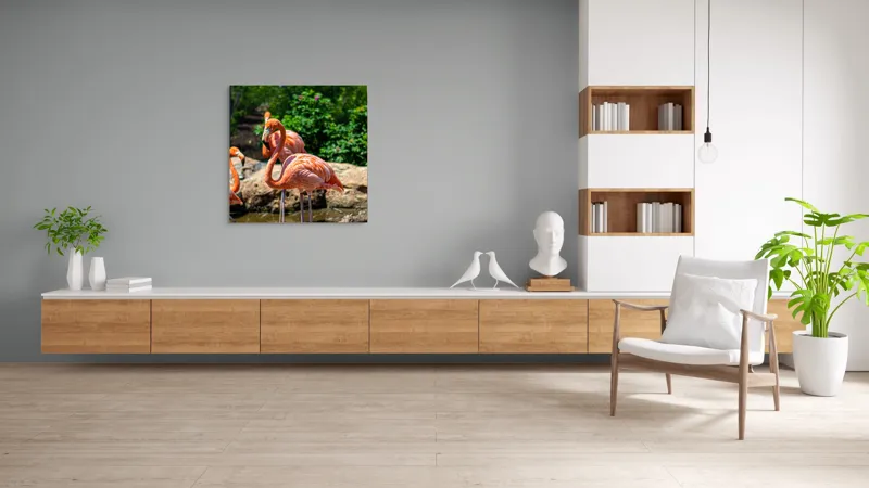 Tablou Canvas, "Grațioasele flamingo în grădină zoologică", Flamingo, Eleganță, Roz, Natură, Grădină, Apă, Pietre, Vegetație, Soare, Aripi, 100 x 100 cm – poza 8