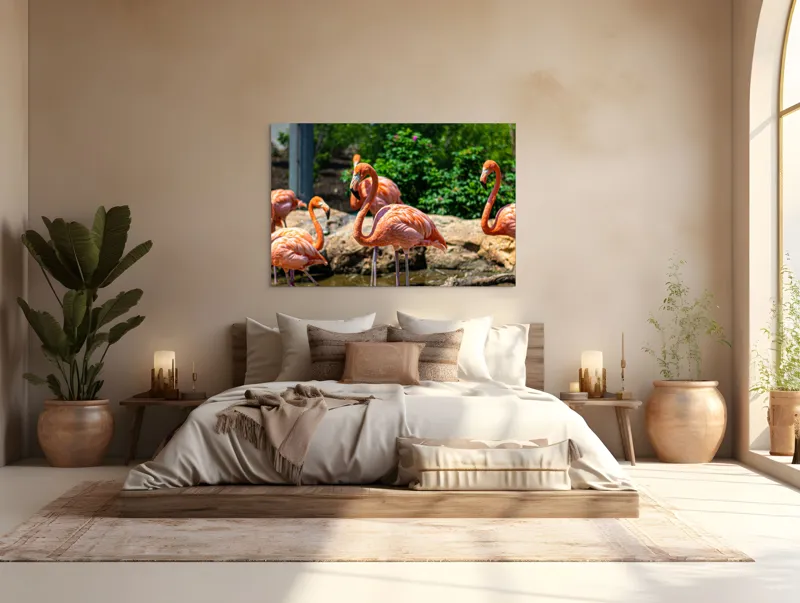Tablou Canvas, "Grațioasele flamingo în grădină zoologică", Flamingo, Eleganță, Roz, Natură, Grădină, Apă, Pietre, Vegetație, Soare, Aripi, 150 x 100 cm – poza 4