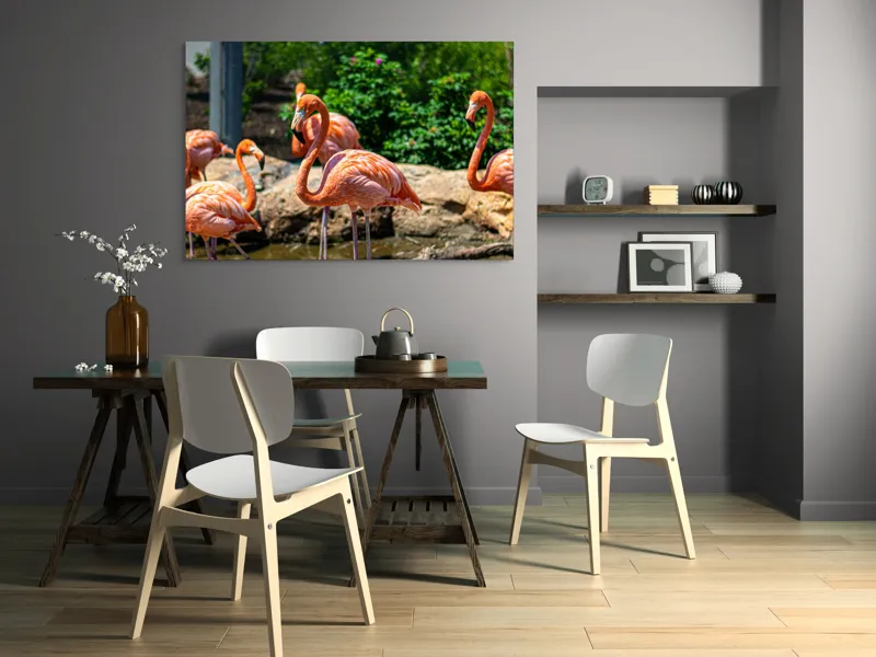 Tablou Canvas, "Grațioasele flamingo în grădină zoologică", Flamingo, Eleganță, Roz, Natură, Grădină, Apă, Pietre, Vegetație, Soare, Aripi, 150 x 100 cm – poza 5