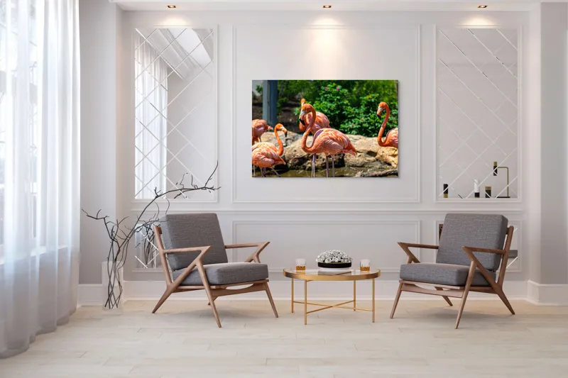 Tablou Canvas, "Grațioasele flamingo în grădină zoologică", Flamingo, Eleganță, Roz, Natură, Grădină, Apă, Pietre, Vegetație, Soare, Aripi, 150 x 100 cm – poza 7