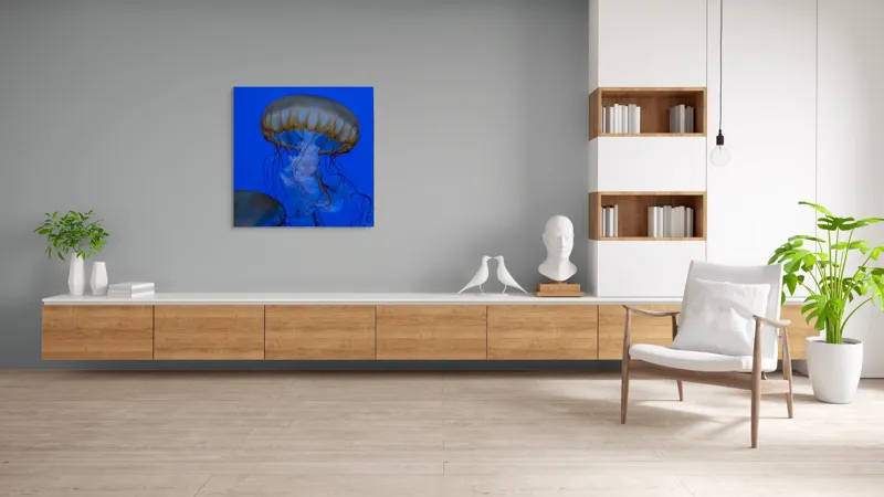 Tablou Canvas, "Dansul grațios al meduzelor aurii", Meduză, Albastru, Tentacule, Grație, Ocean, Lumină, 100 x 100 cm – poza 8