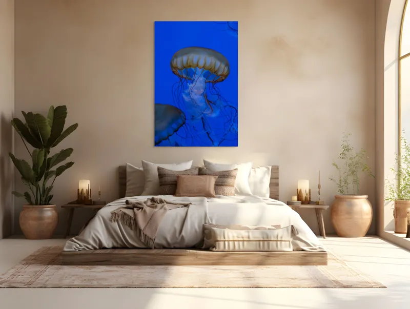 Tablou Canvas, "Dansul grațios al meduzelor aurii", Meduză, Albastru, Tentacule, Grație, Ocean, Lumină, 100 x 150 cm – poza 3