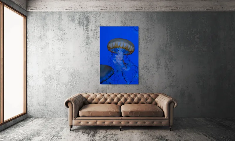 Tablou Canvas, "Dansul grațios al meduzelor aurii", Meduză, Albastru, Tentacule, Grație, Ocean, Lumină, 100 x 150 cm – poza 6