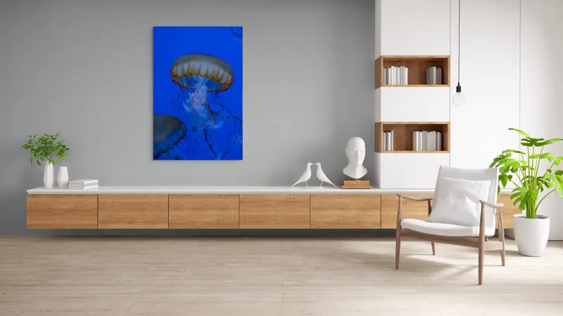 Tablou Canvas, "Dansul grațios al meduzelor aurii", Meduză, Albastru, Tentacule, Grație, Ocean, Lumină, 100 x 150 cm – poza 8