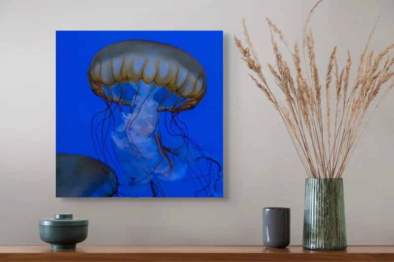 Tablou Canvas, "Dansul grațios al meduzelor aurii", Meduză, Albastru, Tentacule, Grație, Ocean, Lumină, 50 x 50 cm – poza 4