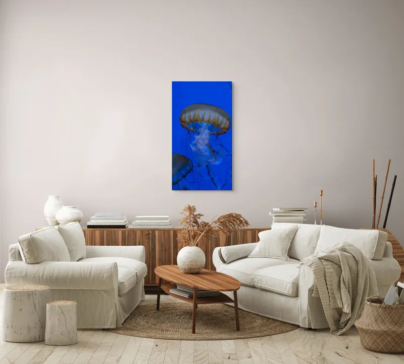 Tablou Canvas, "Dansul grațios al meduzelor aurii", Meduză, Albastru, Tentacule, Grație, Ocean, Lumină, 50 x 90 cm – poza 7
