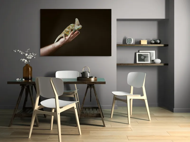 Tablou Canvas, "Cameleonul pe mâna îngrijitorului său", Cameleon, Mână, Reptilă, Verde, Textură, Întuneric, Delicat, Contrast, Exotic, Natură, 150 x 100 cm – poza 5