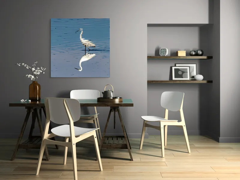 Tablou Canvas, "Egreta și reflecția în apă liniștită", Reflecție, Liniște, Eleganță, Apă, Pasăre, Serenitate, Albastru, Natură, 100 x 100 cm – poza 6
