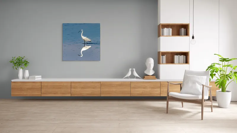 Tablou Canvas, "Egreta și reflecția în apă liniștită", Reflecție, Liniște, Eleganță, Apă, Pasăre, Serenitate, Albastru, Natură, 100 x 100 cm – poza 8