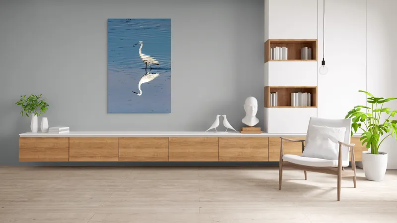 Tablou Canvas, "Egreta și reflecția în apă liniștită", Reflecție, Liniște, Eleganță, Apă, Pasăre, Serenitate, Albastru, Natură, 100 x 150 cm – poza 8