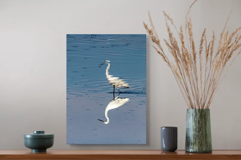 Tablou Canvas, "Egreta și reflecția în apă liniștită", Reflecție, Liniște, Eleganță, Apă, Pasăre, Serenitate, Albastru, Natură, 39 x 54 cm – poza 3