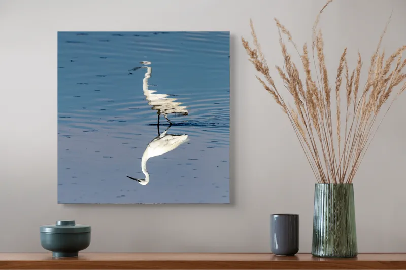 Tablou Canvas, "Egreta și reflecția în apă liniștită", Reflecție, Liniște, Eleganță, Apă, Pasăre, Serenitate, Albastru, Natură, 50 x 50 cm – poza 4