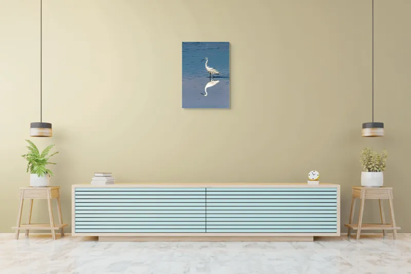 Tablou Canvas, "Egreta și reflecția în apă liniștită", Reflecție, Liniște, Eleganță, Apă, Pasăre, Serenitate, Albastru, Natură, 50 x 70 cm – poza 6