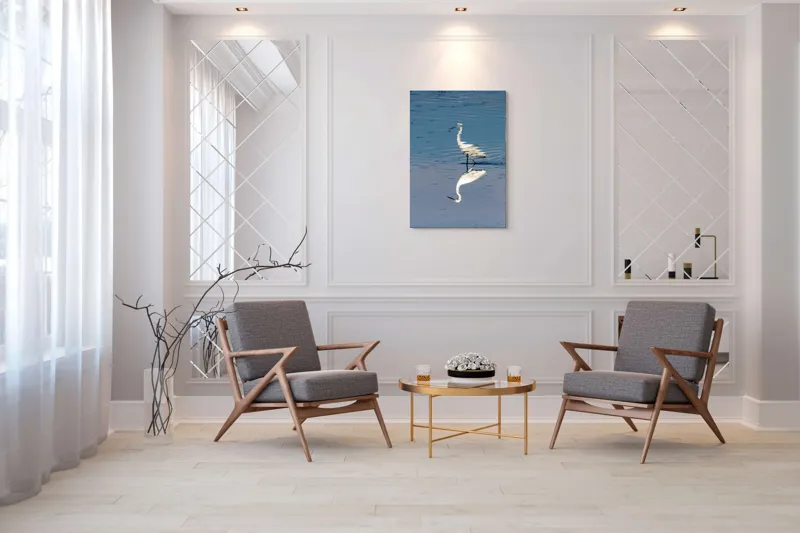 Tablou Canvas, "Egreta și reflecția în apă liniștită", Reflecție, Liniște, Eleganță, Apă, Pasăre, Serenitate, Albastru, Natură, 70 x 100 cm – poza 8