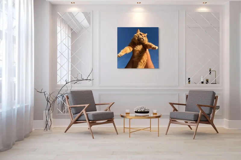 Tablou Canvas, "Pisică portocalie spre cer albastru", Pisică, Portocalie, Cer, Albastru, Labe, Blană, Mustăți, Mângâiere, Soare, Privire, 100 x 100 cm – poza 7