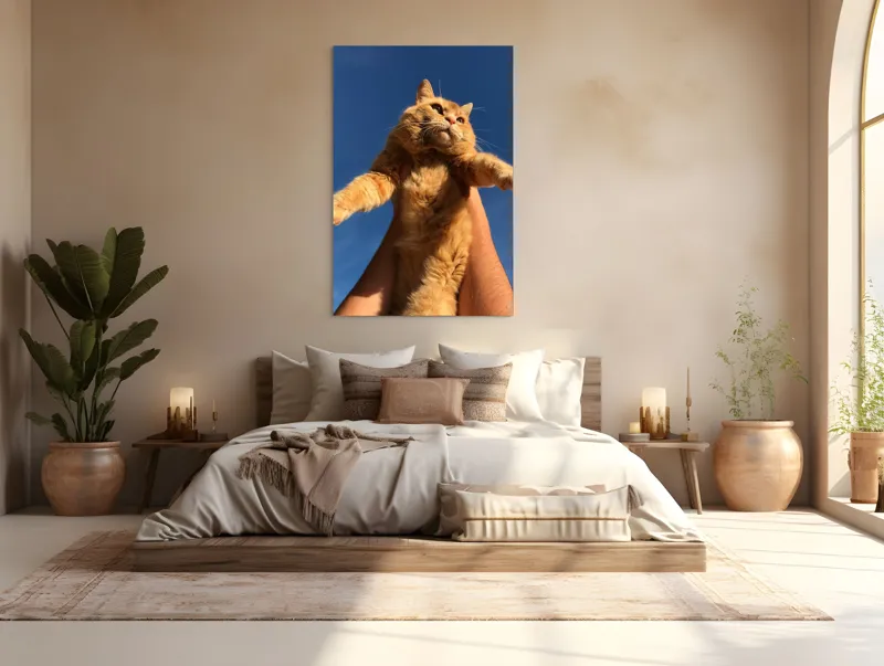 Tablou Canvas, "Pisică portocalie spre cer albastru", Pisică, Portocalie, Cer, Albastru, Labe, Blană, Mustăți, Mângâiere, Soare, Privire, 100 x 150 cm – poza 3