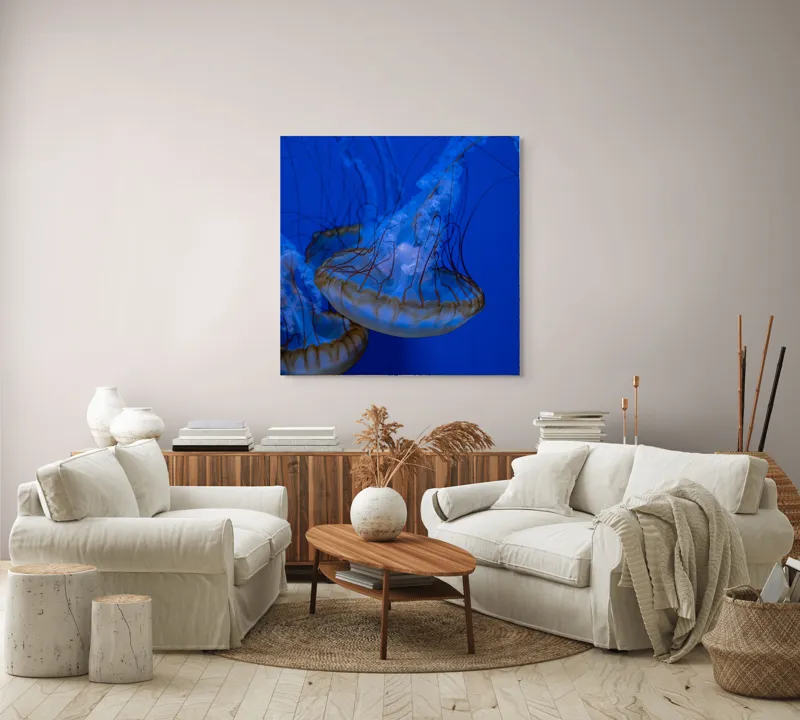 Tablou Canvas, "Dansul meduzelor subacvatice albastre", Meduze, Albastru, Luminos, Eleganță, Acvatic, Delicat, Natură, Ocean, 100 x 100 cm – poza 3