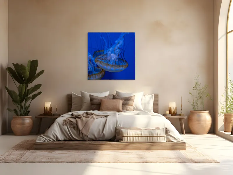 Tablou Canvas, "Dansul meduzelor subacvatice albastre", Meduze, Albastru, Luminos, Eleganță, Acvatic, Delicat, Natură, Ocean, 100 x 100 cm – poza 4