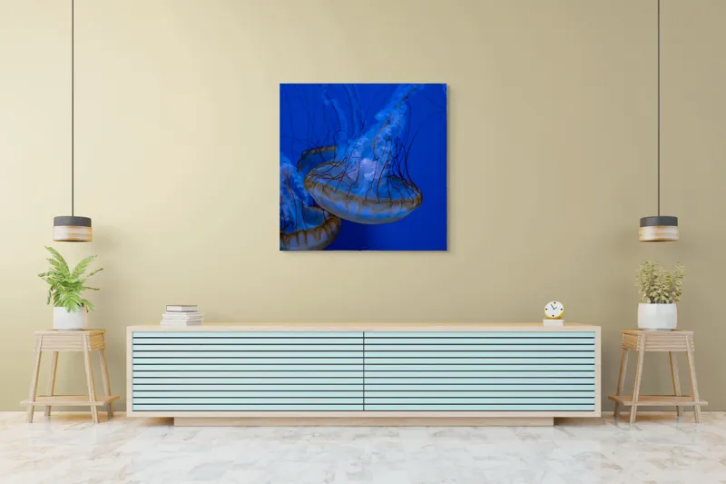 Tablou Canvas, "Dansul meduzelor subacvatice albastre", Meduze, Albastru, Luminos, Eleganță, Acvatic, Delicat, Natură, Ocean, 100 x 100 cm – poza 5