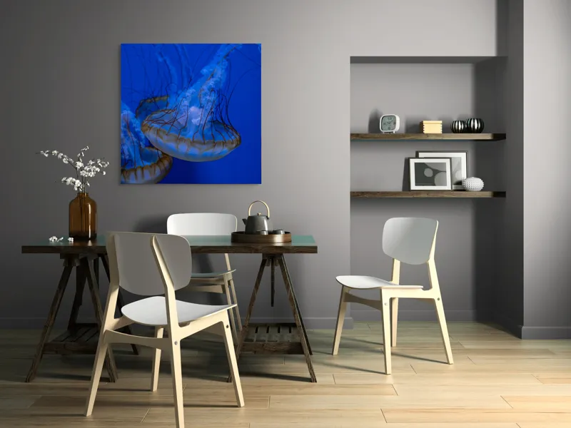 Tablou Canvas, "Dansul meduzelor subacvatice albastre", Meduze, Albastru, Luminos, Eleganță, Acvatic, Delicat, Natură, Ocean, 100 x 100 cm – poza 6