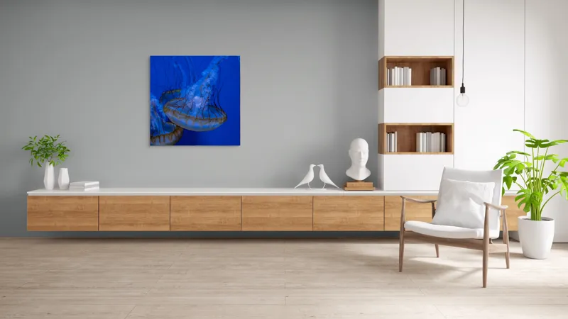 Tablou Canvas, "Dansul meduzelor subacvatice albastre", Meduze, Albastru, Luminos, Eleganță, Acvatic, Delicat, Natură, Ocean, 100 x 100 cm – poza 8