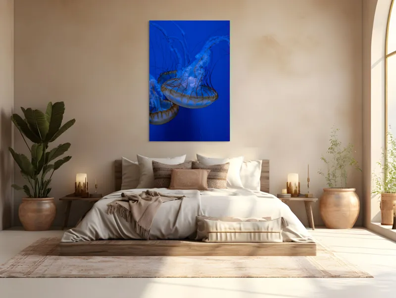 Tablou Canvas, "Dansul meduzelor subacvatice albastre", Meduze, Albastru, Luminos, Eleganță, Acvatic, Delicat, Natură, Ocean, 100 x 150 cm – poza 3