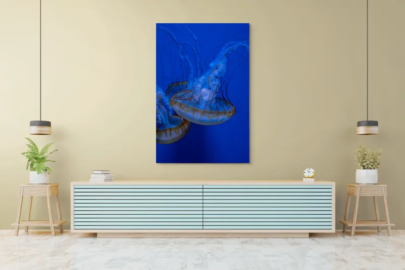 Tablou Canvas, "Dansul meduzelor subacvatice albastre", Meduze, Albastru, Luminos, Eleganță, Acvatic, Delicat, Natură, Ocean, 100 x 150 cm – poza 4