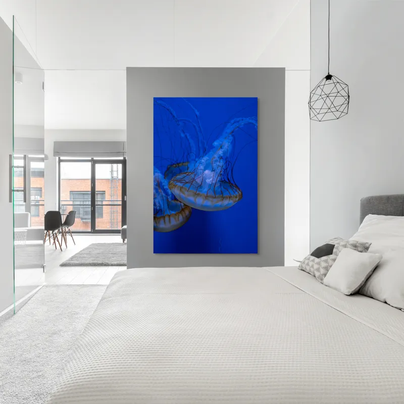 Tablou Canvas, "Dansul meduzelor subacvatice albastre", Meduze, Albastru, Luminos, Eleganță, Acvatic, Delicat, Natură, Ocean, 100 x 150 cm – poza 5