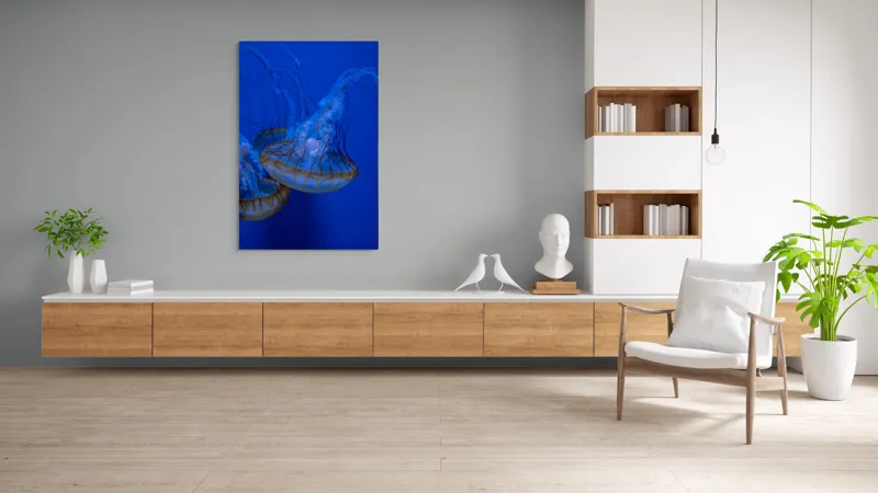 Tablou Canvas, "Dansul meduzelor subacvatice albastre", Meduze, Albastru, Luminos, Eleganță, Acvatic, Delicat, Natură, Ocean, 100 x 150 cm – poza 8