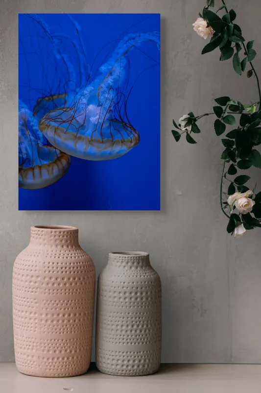 Tablou Canvas, "Dansul meduzelor subacvatice albastre", Meduze, Albastru, Luminos, Eleganță, Acvatic, Delicat, Natură, Ocean, 39 x 54 cm – poza 6