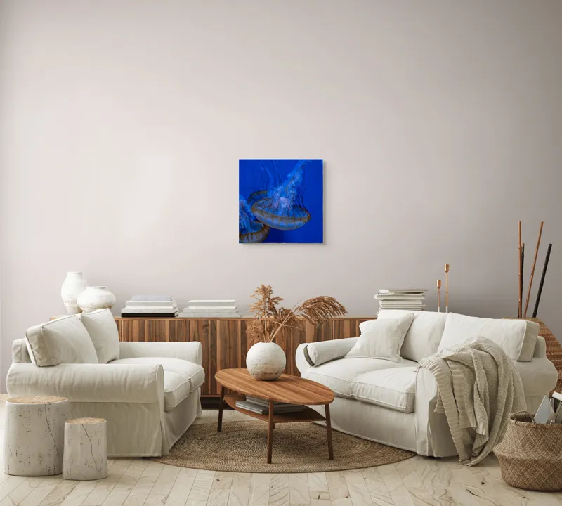 Tablou Canvas, "Dansul meduzelor subacvatice albastre", Meduze, Albastru, Luminos, Eleganță, Acvatic, Delicat, Natură, Ocean, 50 x 50 cm – poza 7