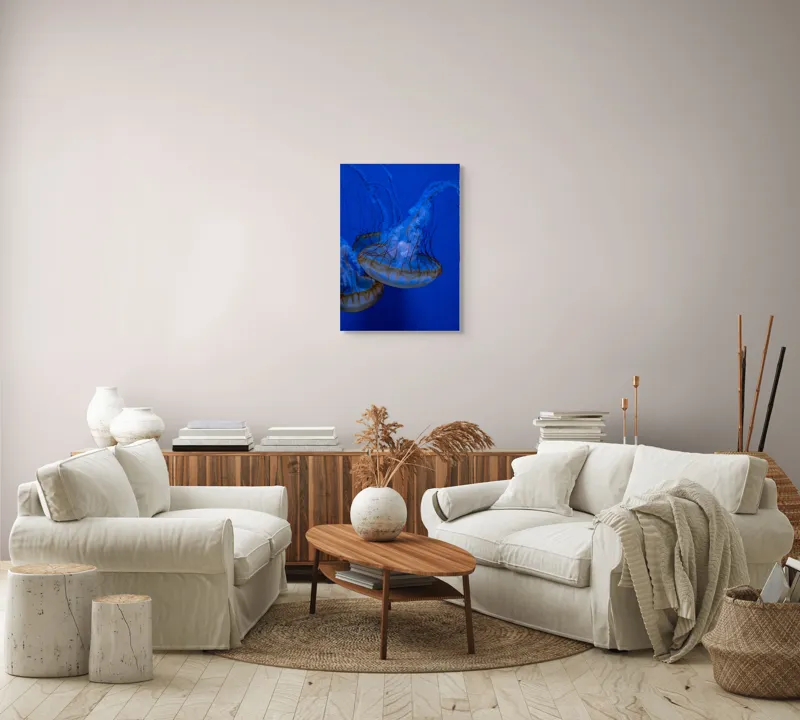 Tablou Canvas, "Dansul meduzelor subacvatice albastre", Meduze, Albastru, Luminos, Eleganță, Acvatic, Delicat, Natură, Ocean, 50 x 70 cm – poza 4
