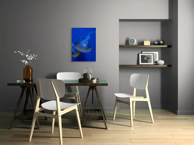 Tablou Canvas, "Dansul meduzelor subacvatice albastre", Meduze, Albastru, Luminos, Eleganță, Acvatic, Delicat, Natură, Ocean, 50 x 70 cm – poza 5