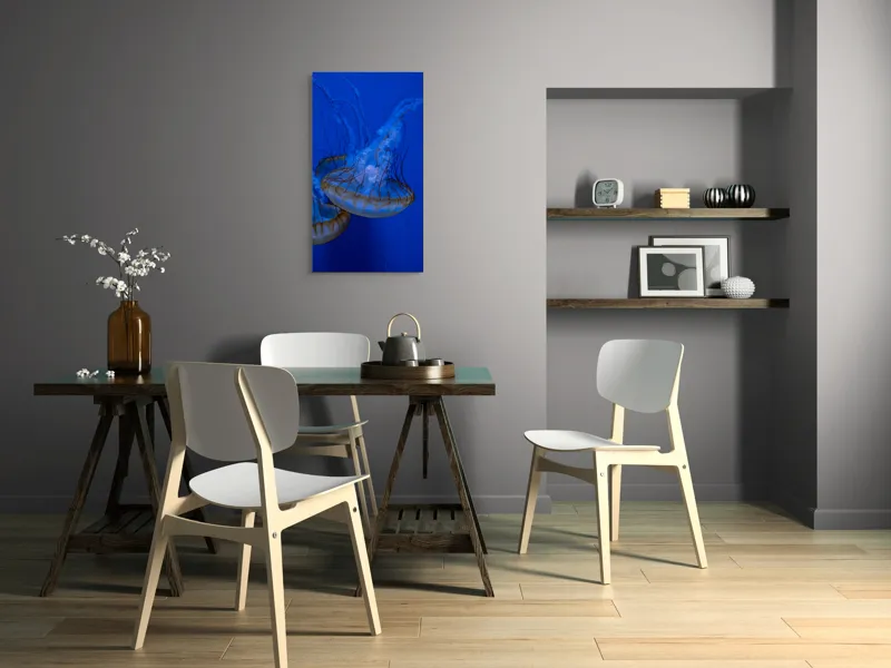 Tablou Canvas, "Dansul meduzelor subacvatice albastre", Meduze, Albastru, Luminos, Eleganță, Acvatic, Delicat, Natură, Ocean, 50 x 90 cm – poza 4