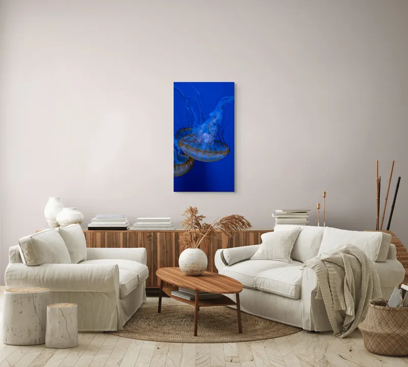 Tablou Canvas, "Dansul meduzelor subacvatice albastre", Meduze, Albastru, Luminos, Eleganță, Acvatic, Delicat, Natură, Ocean, 50 x 90 cm – poza 7