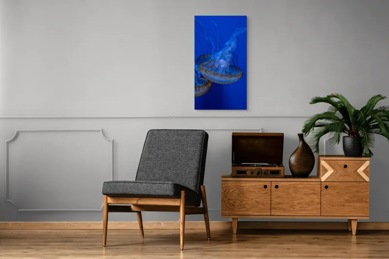 Tablou Canvas, "Dansul meduzelor subacvatice albastre", Meduze, Albastru, Luminos, Eleganță, Acvatic, Delicat, Natură, Ocean, 50 x 90 cm – poza 8