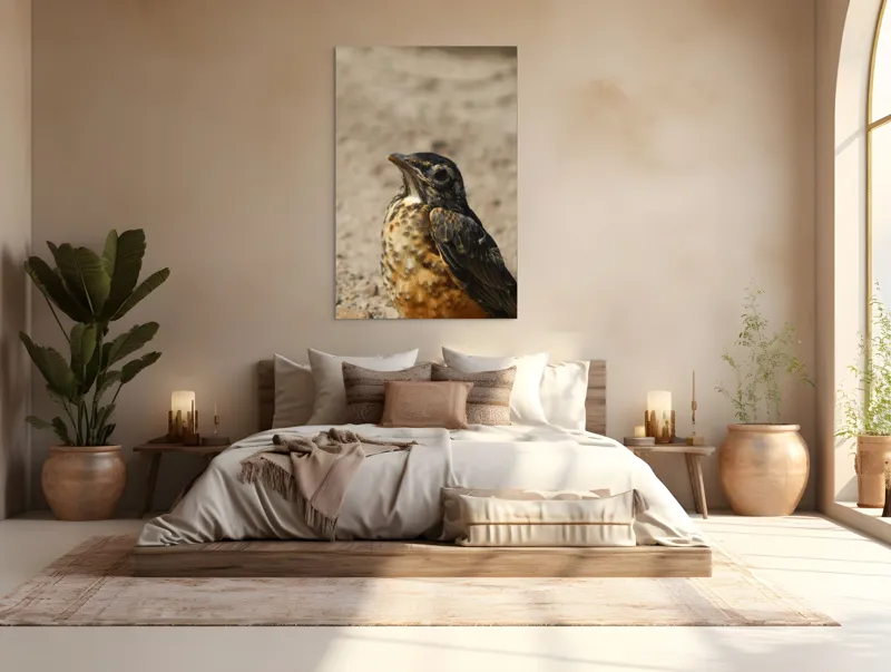 Tablou Canvas, "Pasărea pământului arid și luminat", Pasăre, Detalii, Penaj, Contrast, Aripă, Privire, Natură, Sol., 100 x 150 cm – poza 3
