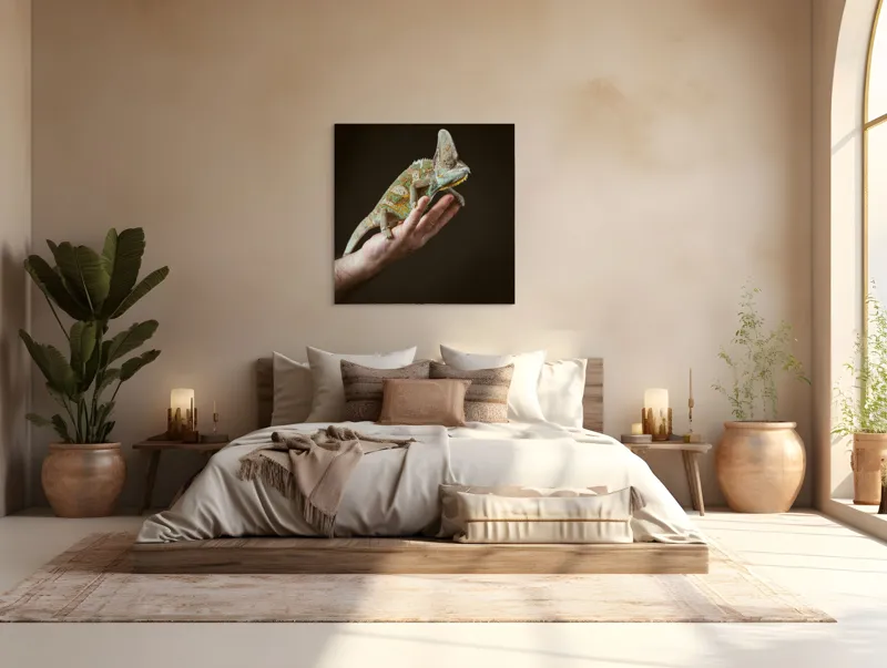 Tablou Canvas, "Cameleon pe mâna unui om", Nu pot identifica persoane sau obiecte specifice în imagini. Totuși, pot spune că în fotografie apare un animal care arată ca un cameleon pe o mână., 100 x 100 cm – poza 4